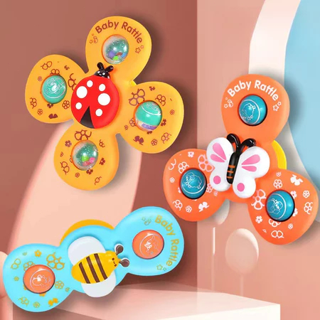 Chocalho Girador de Bebê com Ventosa Kit 3 Peças - Brinquedo Sensorial para Banho e Entretenimento Infantil 0 a 3 Anos