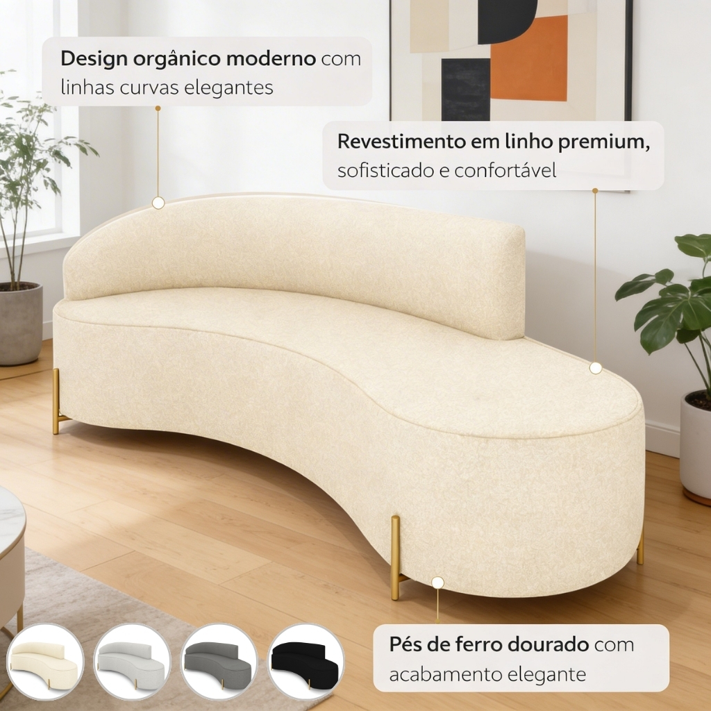 Sofá 4 Lugares Orgânico Morgan Linho 220cm Curvo Design Moderno Premium Sala Estar Pés Ferro Dourado