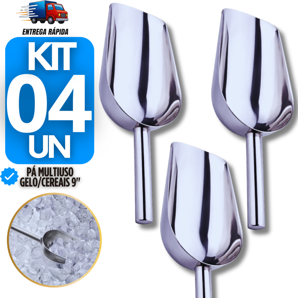 Jogo Pá Pegadora 9" Aço Inox Multiuso Pegador Concha para Gelo Ração Pet Cereal e Grãos Utensílios