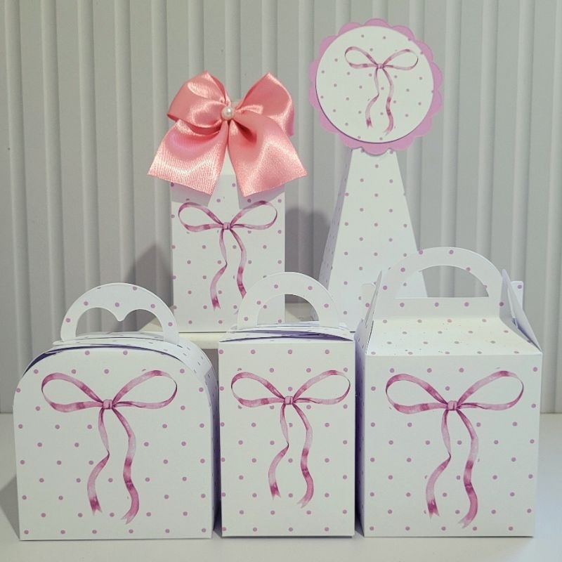 Personalizados Laço Rosa Light Poá Desmontada Caixinha Lembrancinha Kit Festa Luxo Lacinho Rosa Aniversário