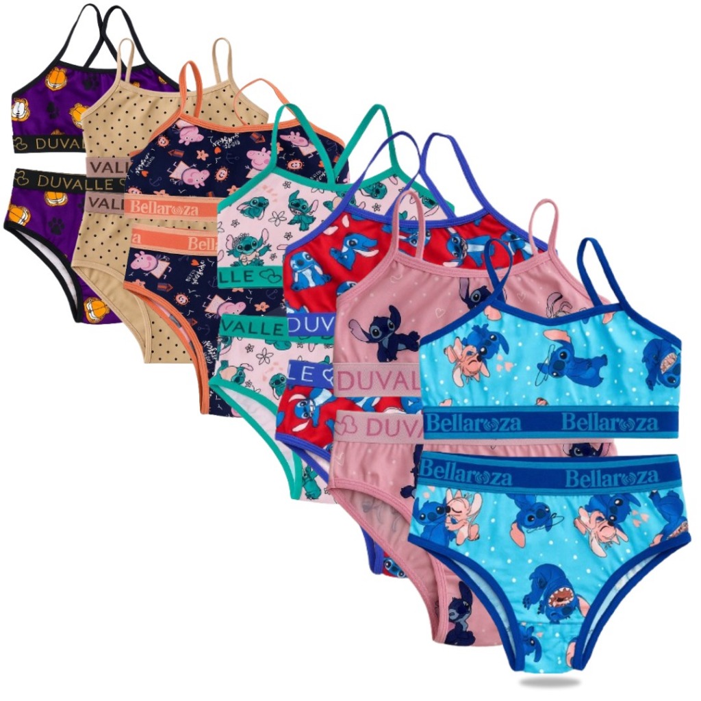 Kit 5 Conjuntos Top + Calcinha Infantil Juvenil Menina Algodão Estampado Confortável 6 a 14 Anos