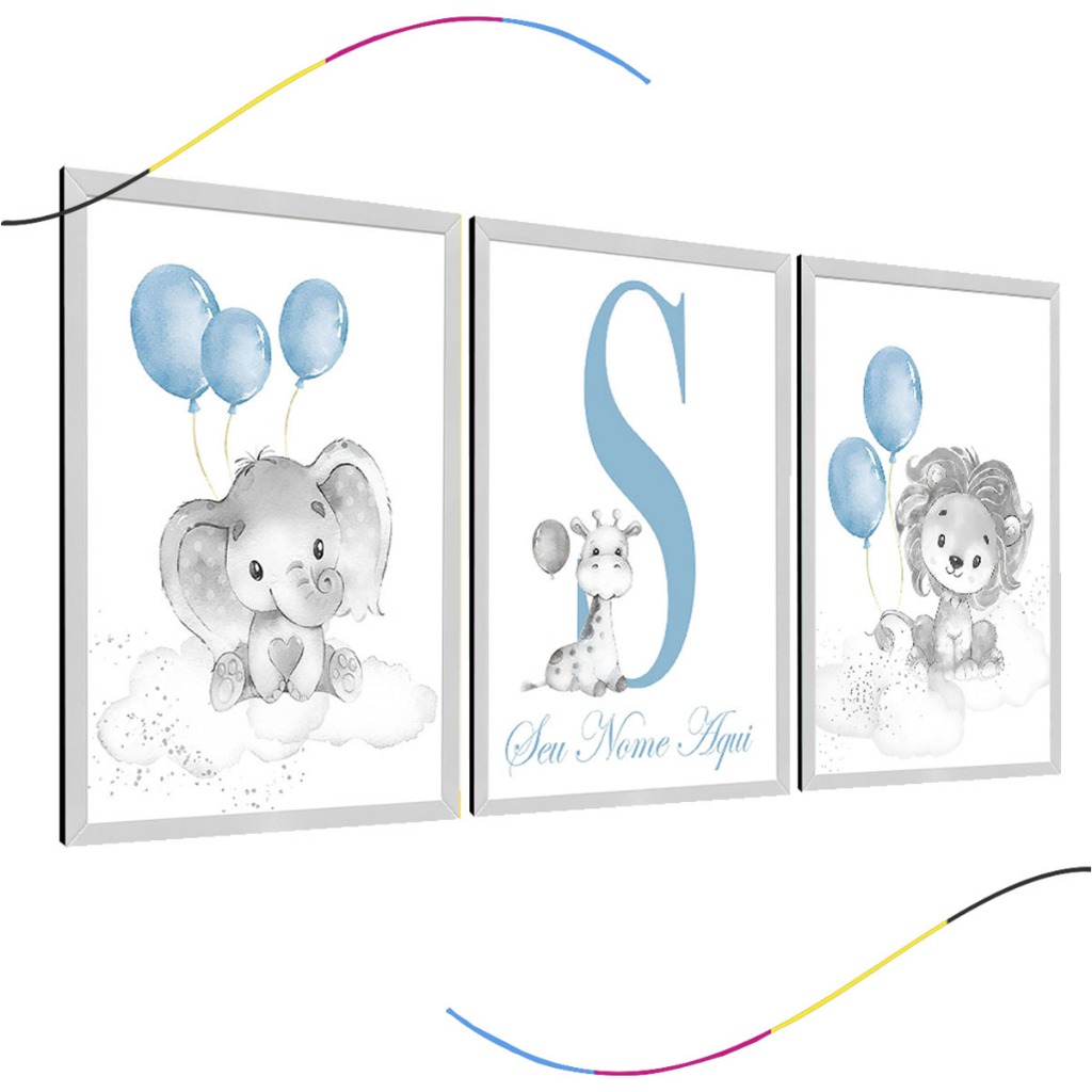 quadro decorativo infantil personalizado elefantinho elefante leãozinho leão personalizado menino menina 3 peças