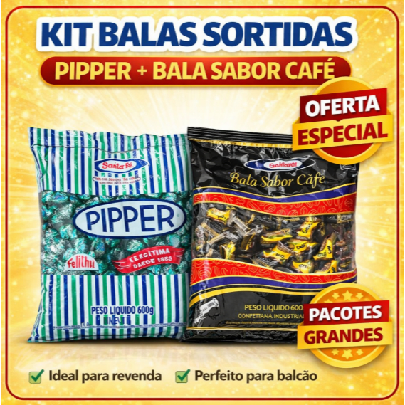 Kit Bala Pipper Menta + Bala Sabor Café Pacote Grande Balas Sortidas Para Revenda