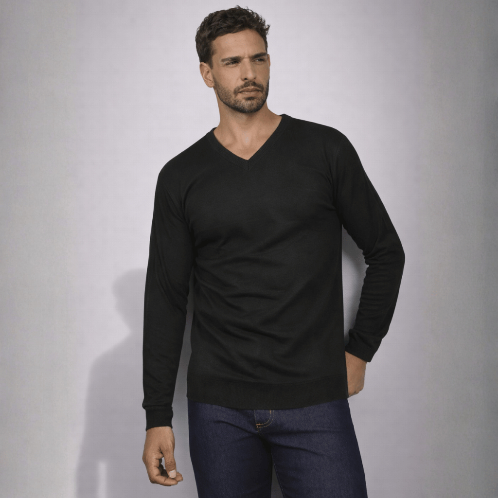 Suéter Masculino Canelado Casual Barra Canelada Gola V Manga Longa Tradicional Sem Capuz Linho