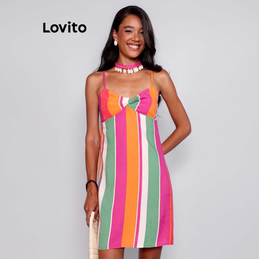 Lovito Bossa l Vestido Curto Feminino Sem Mangas Listrado Colorido BRDRB1216BRL1246 em Oferta na Shopee
