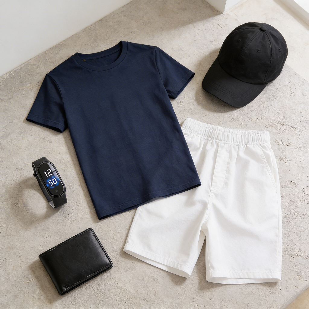 Kit Masculino Completo Camiseta Azul + Bermuda Branca + Boné Preto + Smartband + Carteira Presente Promoção