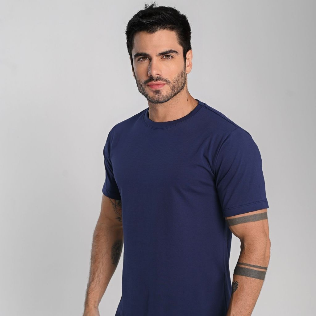 Camiseta Masculina Azul Marinho Lisa Algodão Fio 30.1 Básica Casual Confortável em Oferta na Shopee