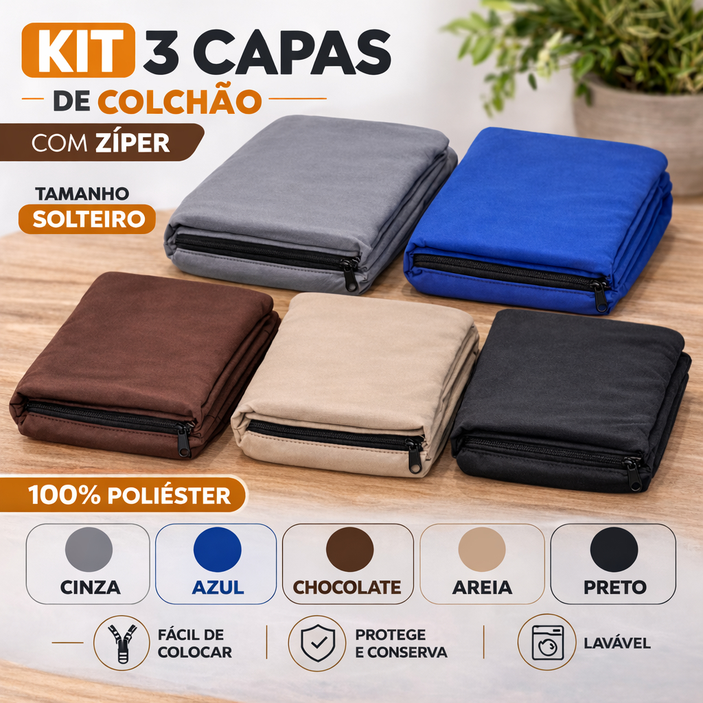 Kit 3 Capas Protetoras para Colchão Solteiro com Zíper Reforçado 100% Poliéster