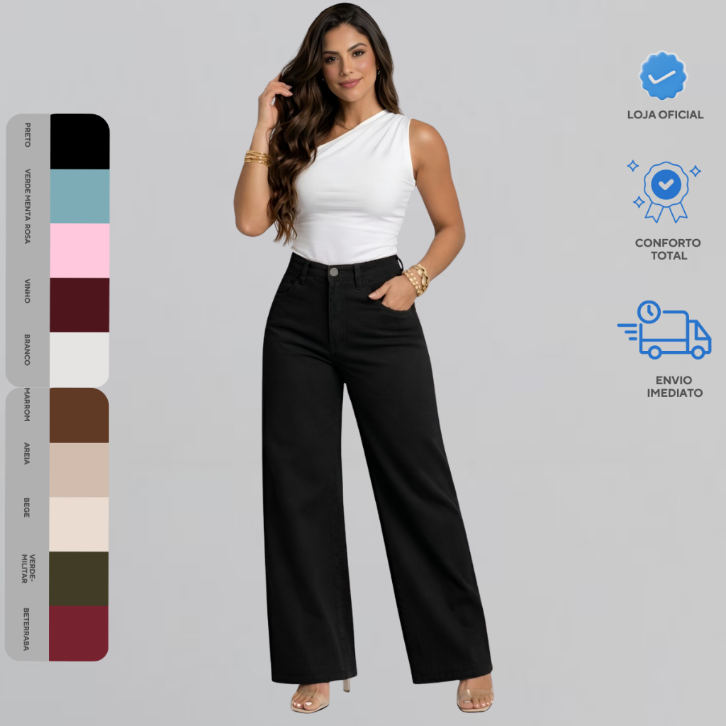 Calça Feminina Wide Leg Pantalona Cintura Alta Sarja Coloridas Top em Oferta na Shopee