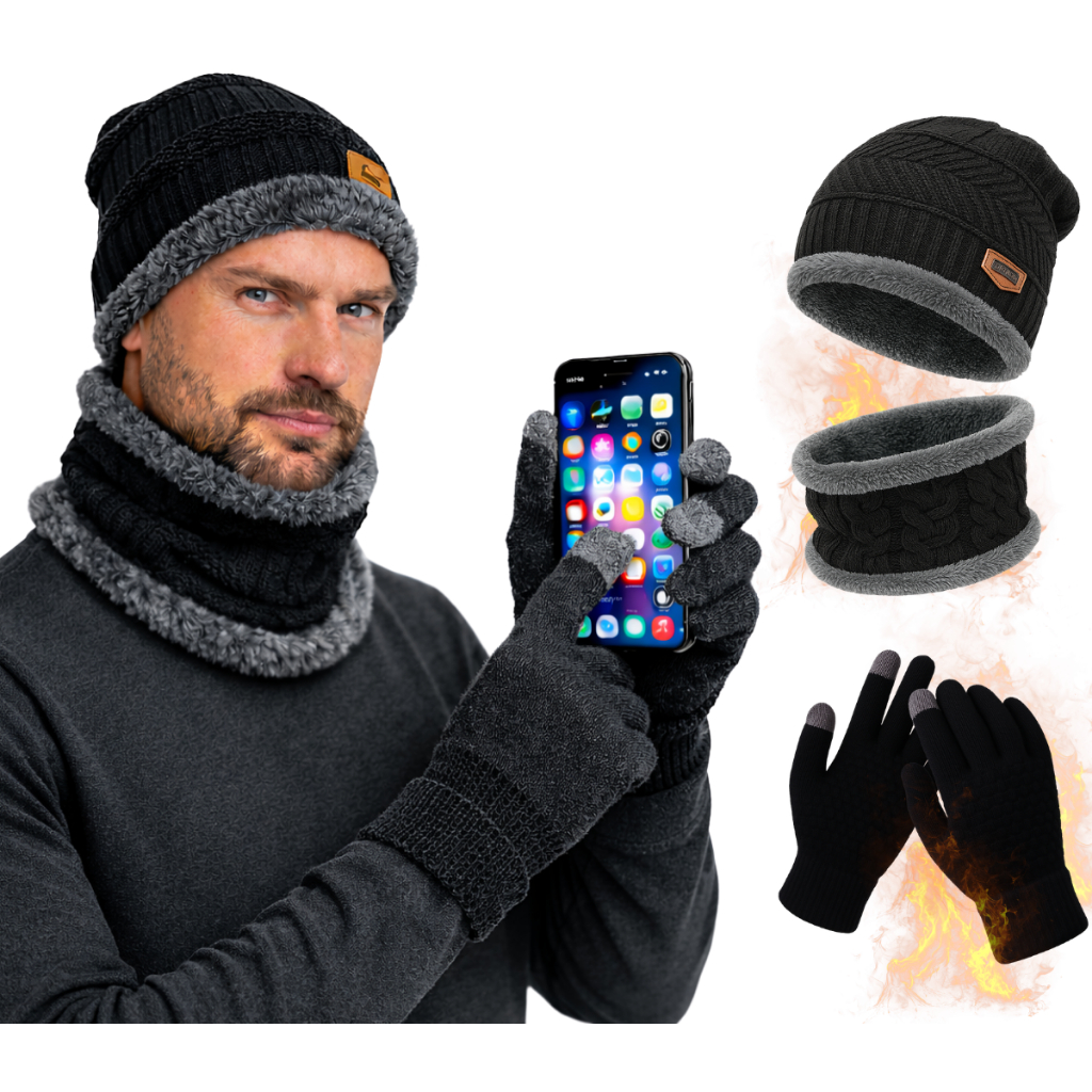 Kit De Frio Luva Touch Touca e Protetor De Pescoço Forrada Cachecol Luvas e Gorro Termico