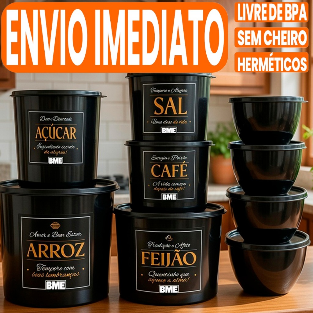 Kit Mantimentos + Potes de Cozinha com 9 Peças de Plástico Decorado