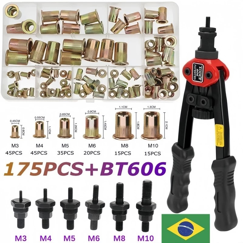 175 Peças De Rebites De Rosca Aco Porca De Rebite Com Cabeça Plana Rebitador Manual De Porcas De Puxar