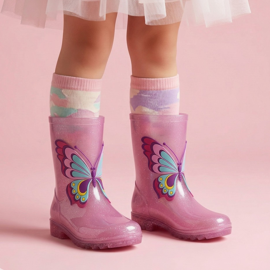Botas Infantil Galocha Meninas Cano Alto Impermeável Borboleta Estilosa Antiderrapante Coloridas