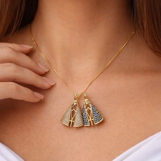 Colar Duplo Religioso Nossa Senhora Aparecida Cravejado com Banhado a Ouro Acessórios Feminino Católico