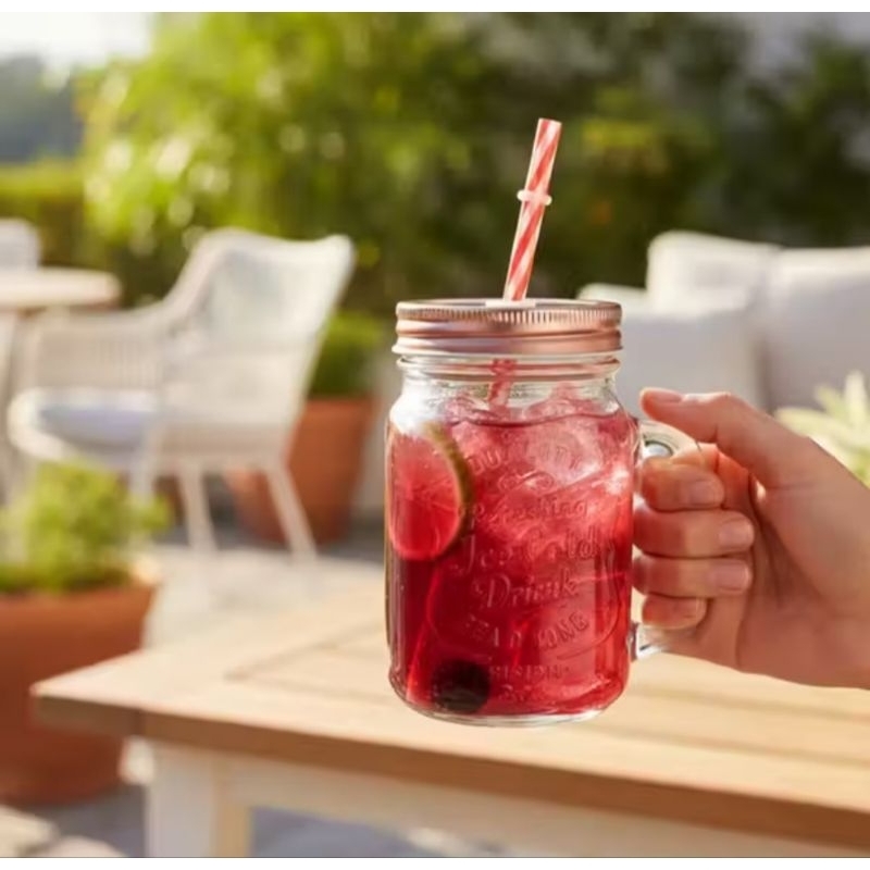 Caneca Copo Vidro  Retrô Vintage 500 ML Com Alça Tampa e Canudo Tampas De Frutas  Drink Suco Festa.. em Oferta na Shopee