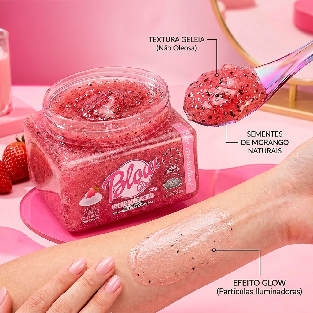 Esfoliante Corporal em Gel Blow Girl Morango com Creme Rocha Vulcânica e Efeito Glow 525g em Oferta na Shopee