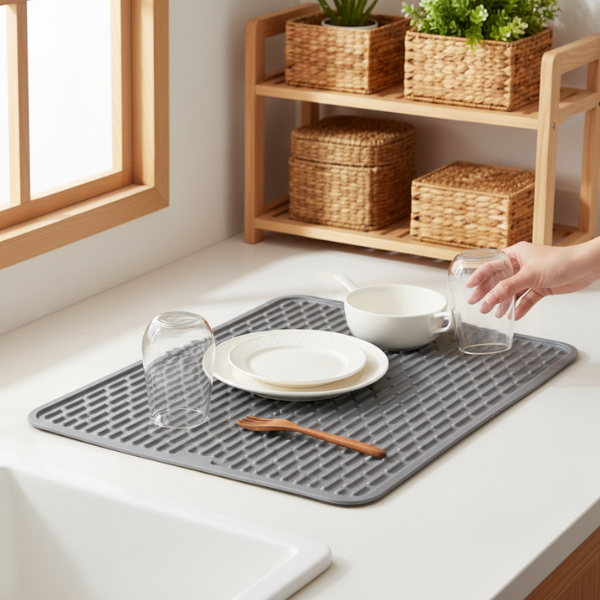 Tapete Escorredor de Silicone 40cm Pia Bancada Antiderrapante Preto - Praticidade e Higiene