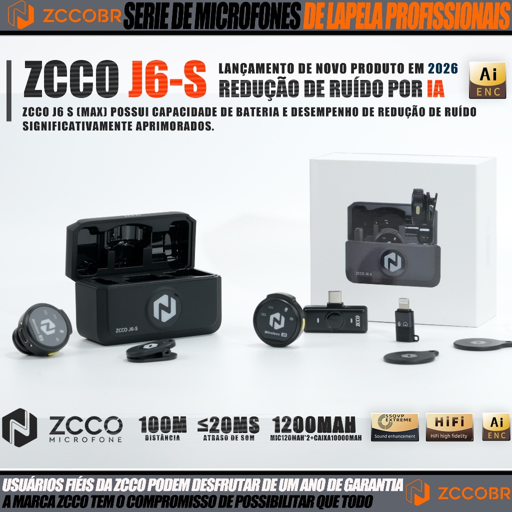 ZCCOBR J6-S Mic Lapela Sem Fio Magnético c/ Redução Ruído, Bateria Longa, Plug-Play, p/ iPhone/Android, TikTok/Vlog