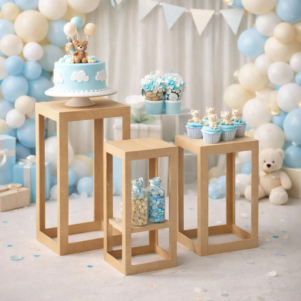 Kit 3 Mesas Cubo Provençal MDF para Decoração de Festa | Suporte para Doces Aniversário