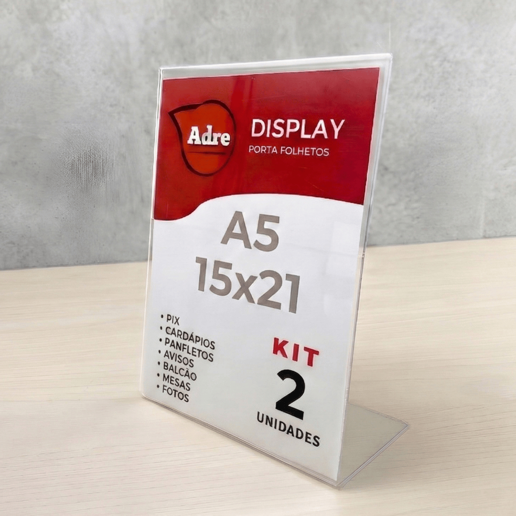 2 Display Expositor A5 15X21 (PS) 2mm Suporte para Folheto e Flyer em L Acrílico