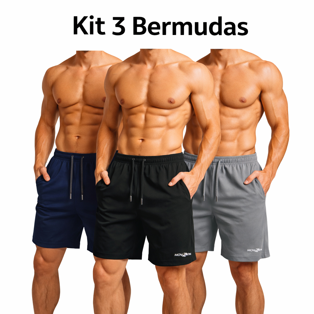 Kit 3 Bermudas Masculinas Shorts Elastano Academia Treino Corrida Praia Tecido Leve Secagem Rápida Verão Microfibra