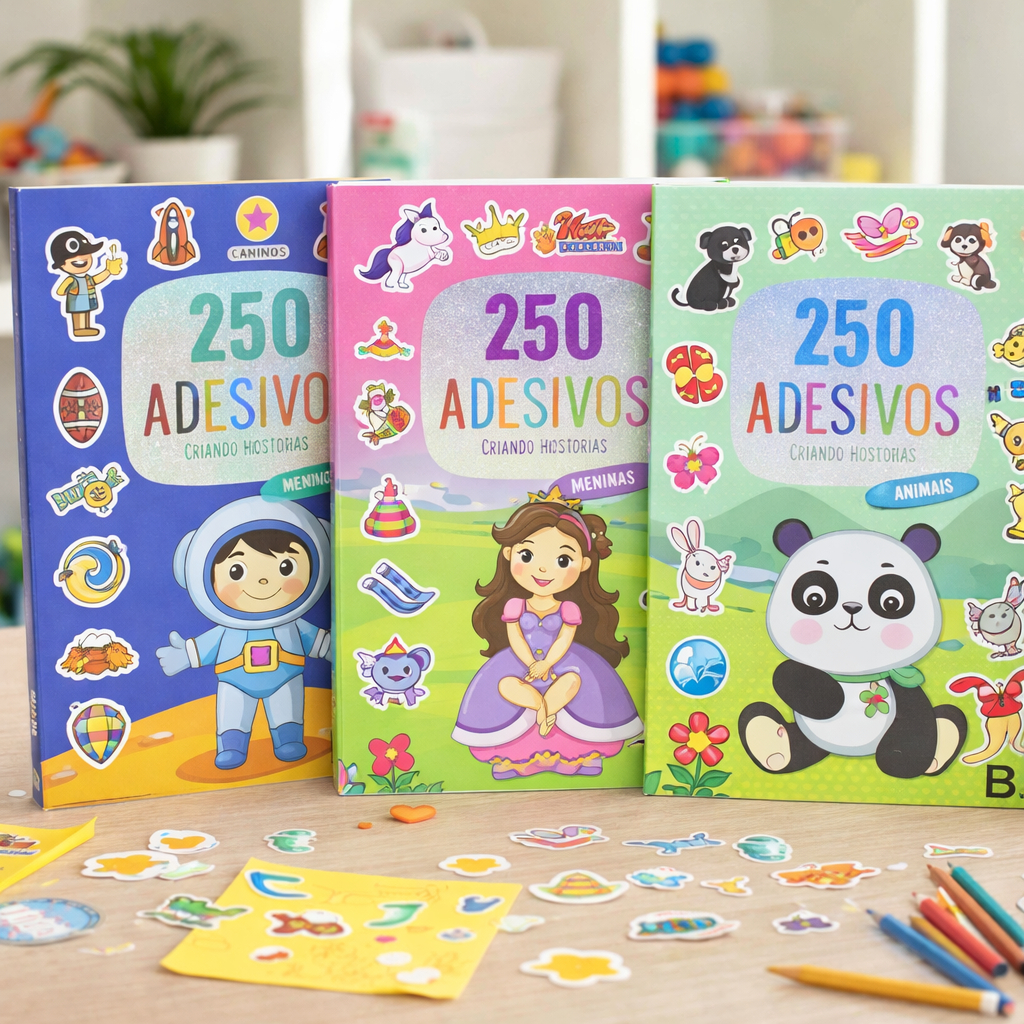 Livro Infantil com 250 Adesivos Criando Histórias Interativo Brincadeiras Educativas Para Crianças