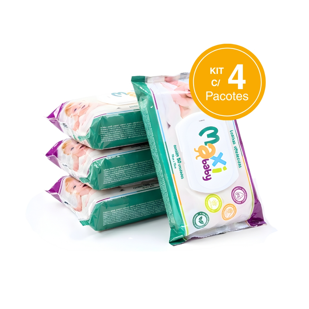 Kit com 4 Toalhas Lenços Umedecidos Hipoalergênico 50un Cada Maxi Baby