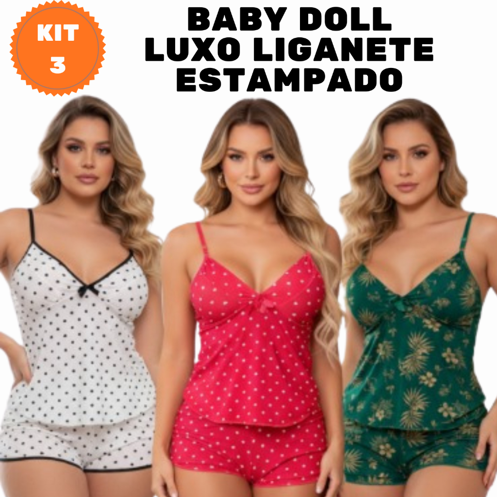 Baby Doll Liganete Luxo Estampado Conjunto Feminino Confortável do P ao GG Kit 3