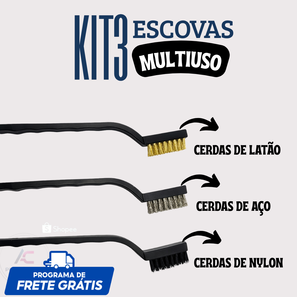 Escovas de Aço Multiuso Aço Latão Nylon Cabo Plástico 3 6 9 12 15 Unidades 3 em 1 Limpeza Pesada