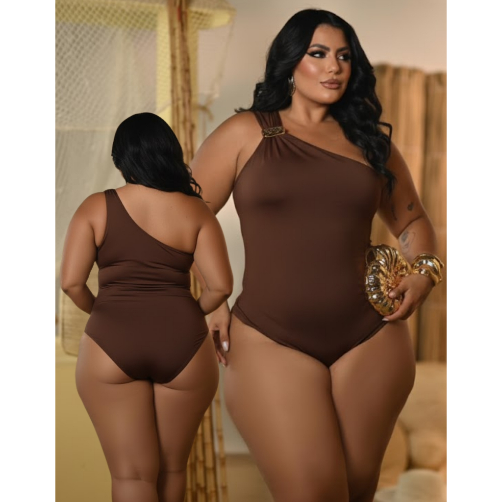 Body Um Ombro Só Feminino Plus Size Suplex Com Forro Pode Usar Como Maiô Zero Transparência Engana Mamãe Elegante