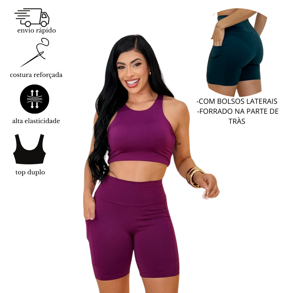 Conjunto Academia Feminino Short com Bolso e Top Duplo Zero Transparência Confortável