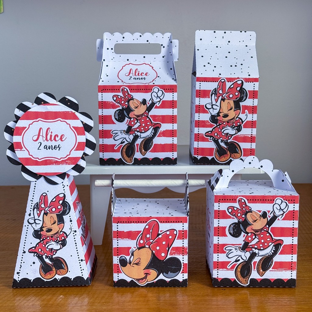 Kit Caixinhas Papelaria Personalizada Minnie Vermelha Lembrancinha Surpresa Aniversário Festa Infantil Desmontado