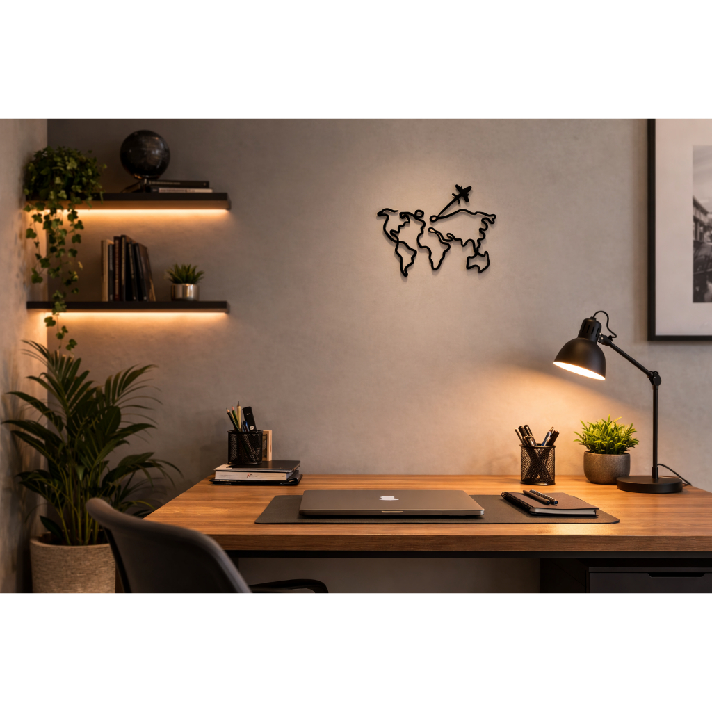 Mapa Mundi Decorativo de Parede com Avião Quadro Vazado Preto Decoração Moderna