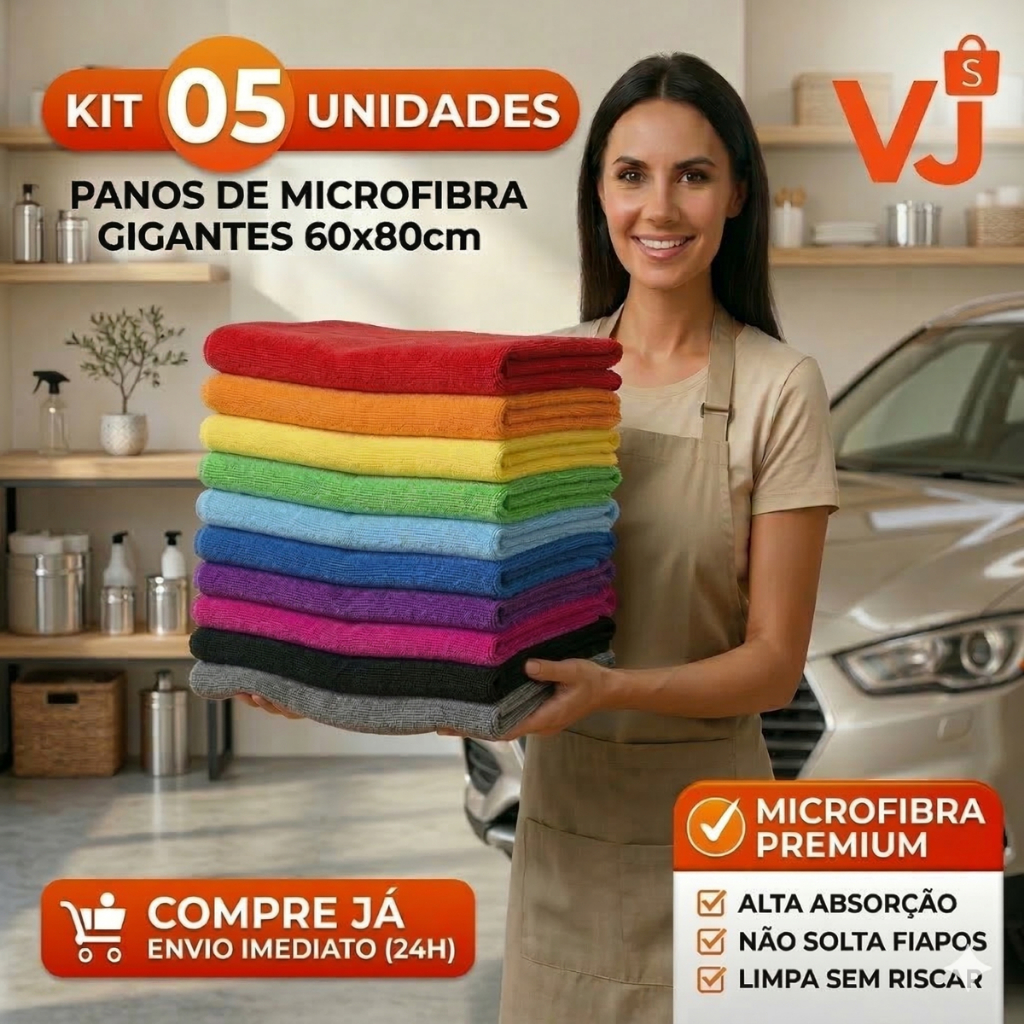 Kit 05 Panos Microfibra 60x80 Limpeza Carro e Chão Alta Absorção Não Risca