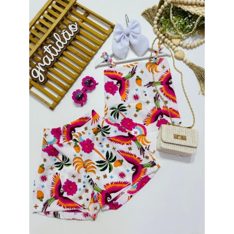 Conjunto Feminino Juvenil Short e Blusa de Alça Estampa Tropical Moda Verão Menina 12 14 16