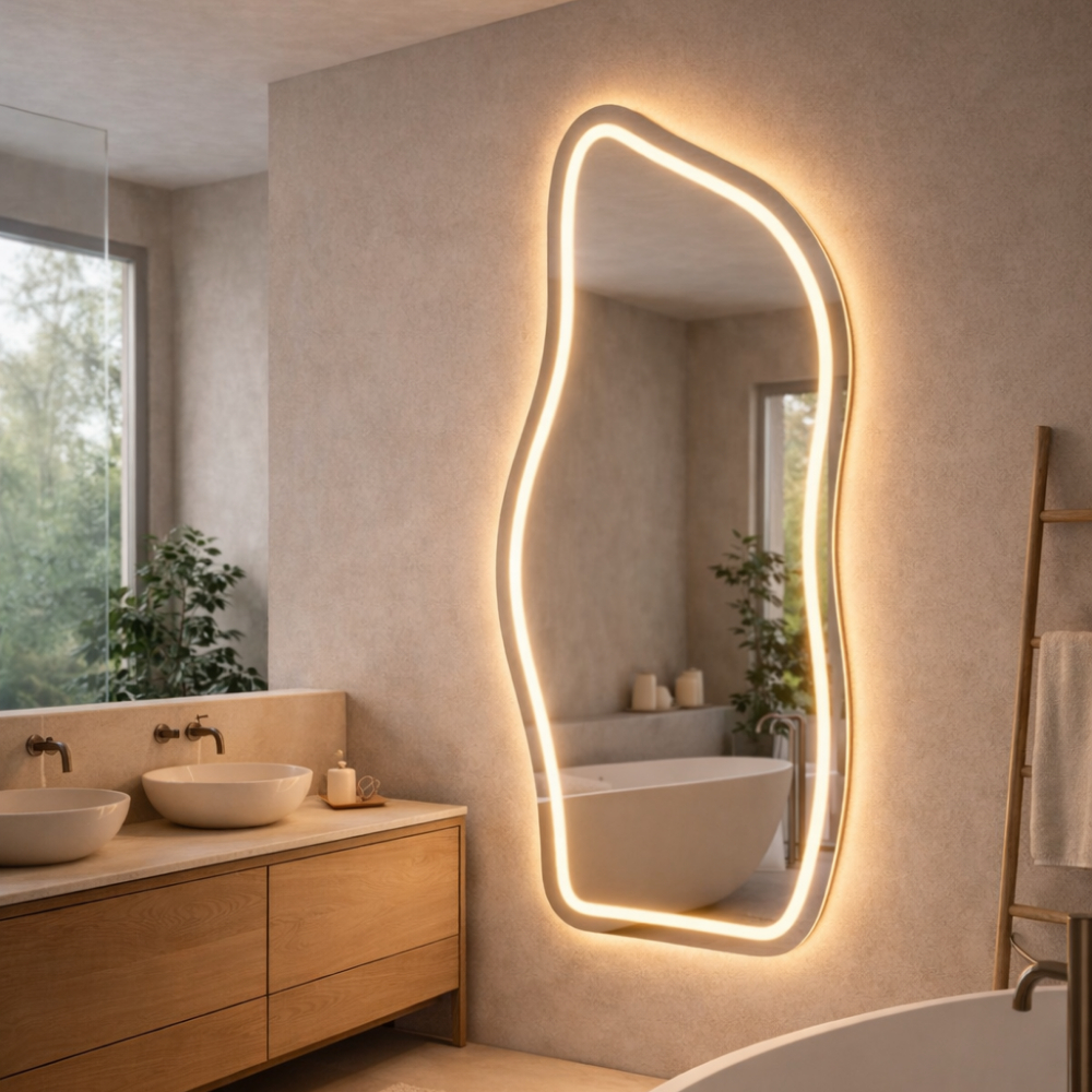 Espelho Orgânico FLAME 120x50cm 3 Tons LED Touch JATEADO Corpo Inteiro Decorativo Quarto Sala Pinterest