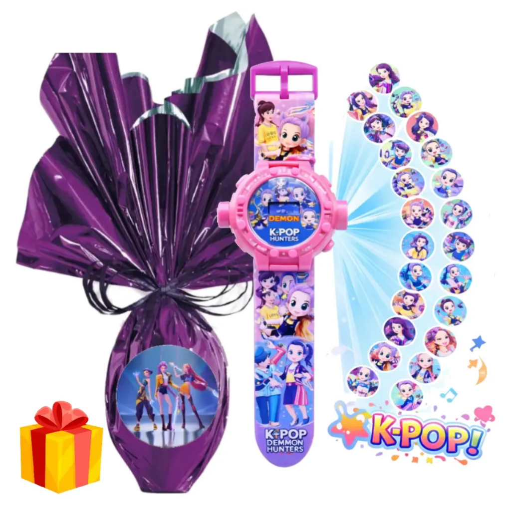 Ovo de Páscoa Infantil 250gr Ao Leite + Guerreiras do Kpop Relogio Projetor 24 Imagens Chaveirinho + Brinde