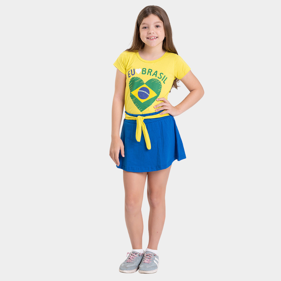 Conjunto Brasil Infantil Menina Amarelo Blusa e Shorts Saia com Amarração Copa do Mundo