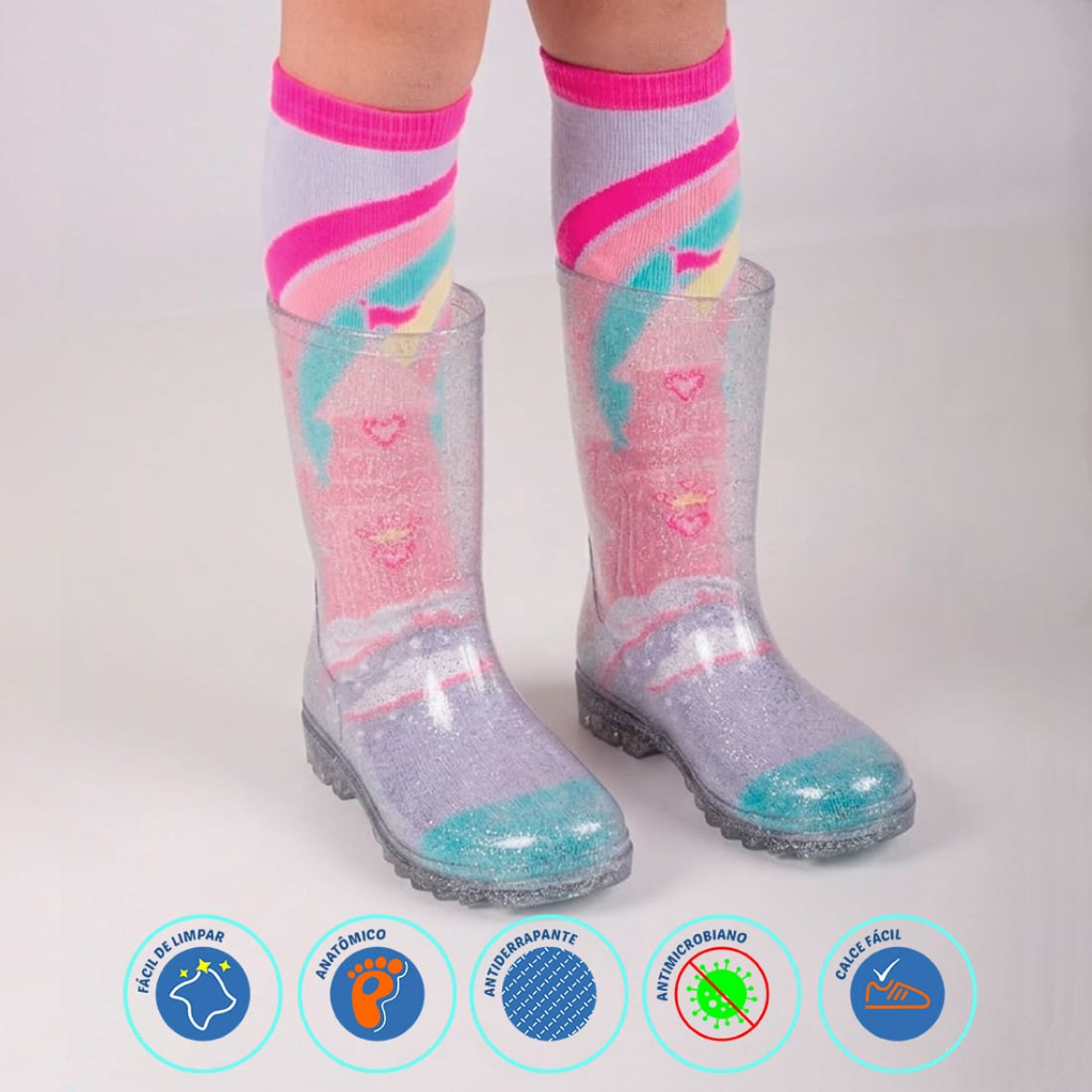 Kit Bota + Meia Galocha Menina Feminina Infantil Impermeável Transparente Meia Colorida Macia Leve