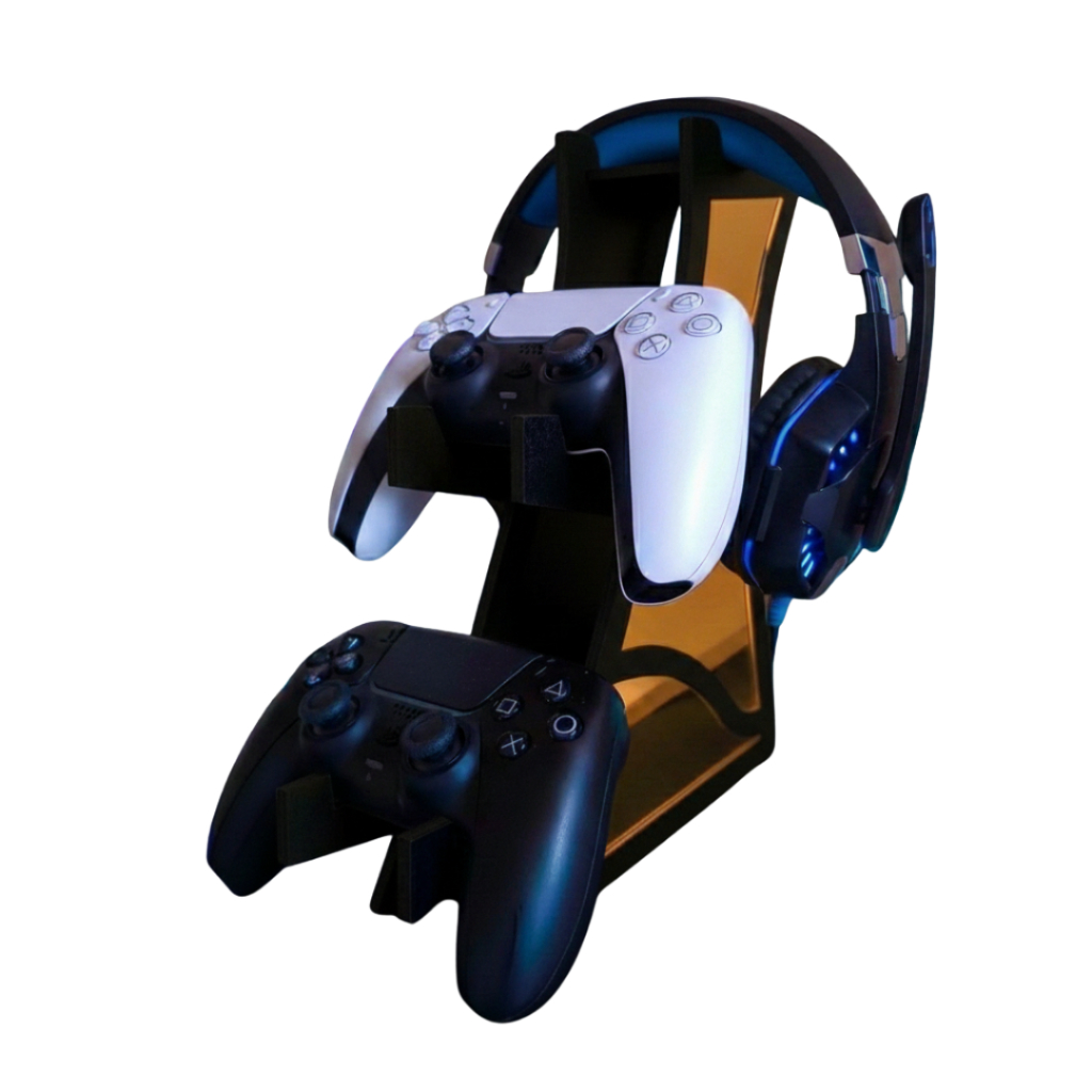 Suporte Gamer de Mesa Feito com Acrílico para 2 Controles PS5 Xbox PS4 e Headset Organizador Setup
