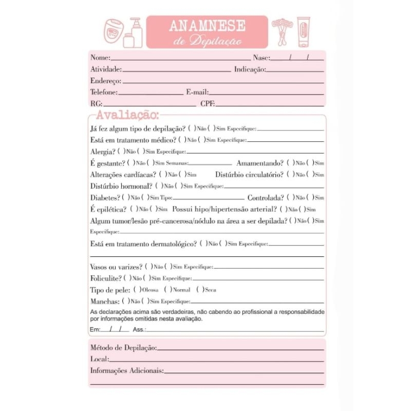 Bloco de fichas anamnese de depilação com 100 folhas Tamanho A5
