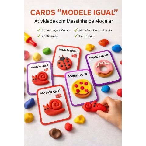 ENVIO RÁPIDO - 5 CARDS MODELE IGUAL, COM FICHA DE REGISTRO BNCC, MASSINHA DE MODELAR COORD MOTORA - ALBETIZAÇÃO