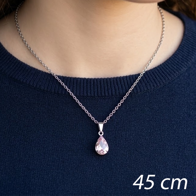 INOX - Colar Feminino Aço Inox Cor Prata Pingente Gota Zircônia Rosa Antialérgico Corrente 45cm