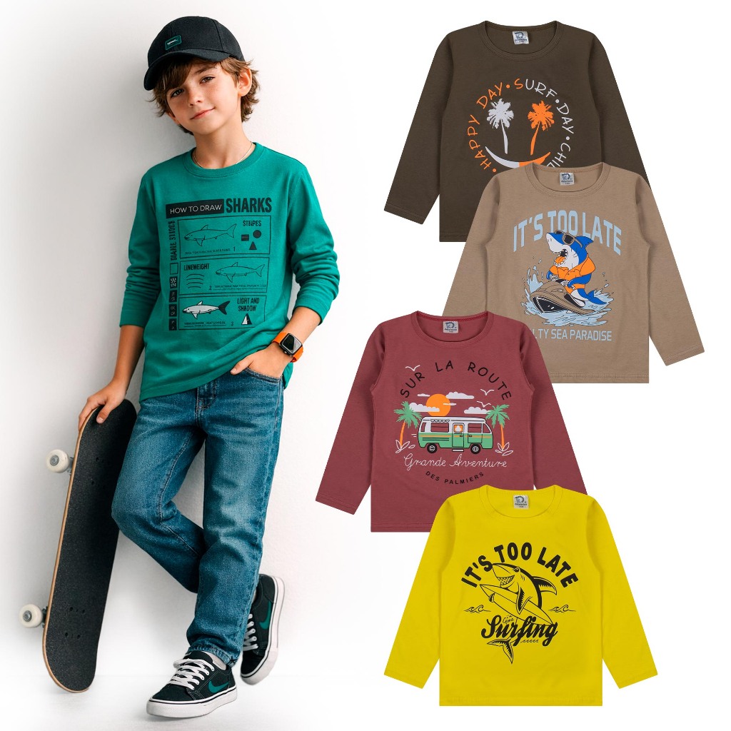 Kit 2 Blusas Manga Longa Infantil Menino Algodão Estampadas Inverno Confortável Determine Kids
