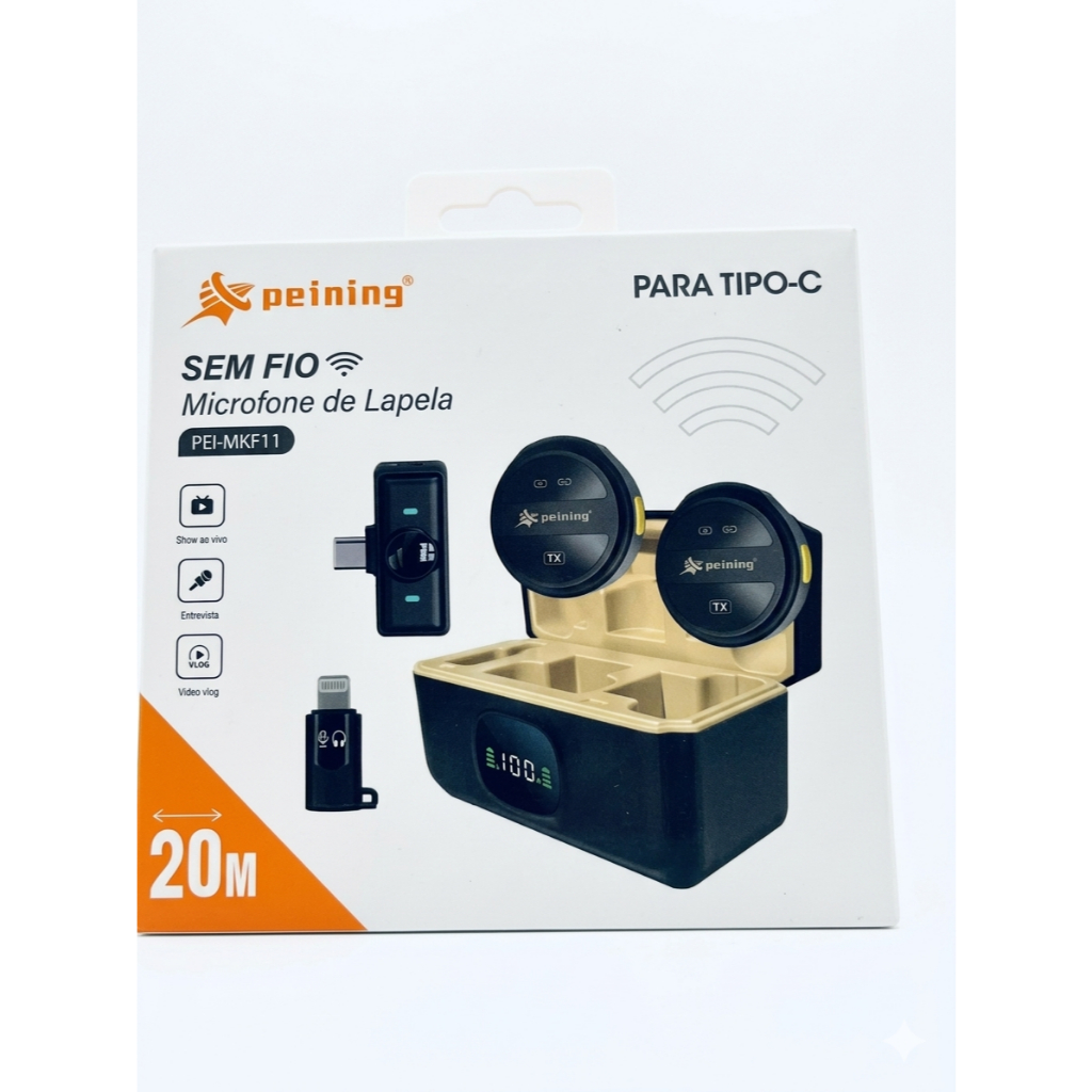 Microfone de Lapela Sem Fio Peining PEI-MKF11 Duplo para Celular Tipo-C e iPhone - 20m de Alcance