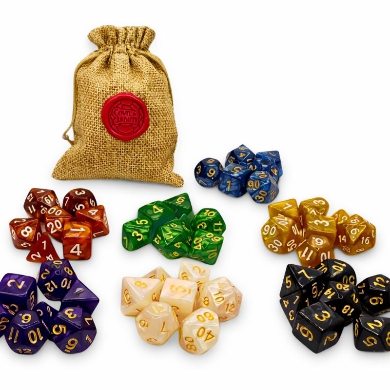 Conjunto 7 Dados RPG Perolados + Bolsa do Covil do Jabuti | D&D (D6 D20 D10 D12 D4 D8)
