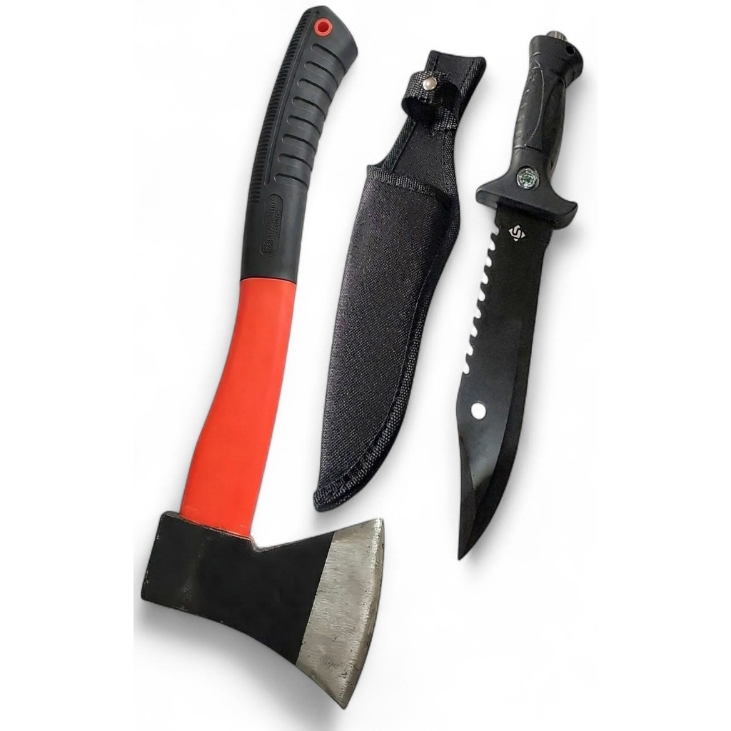 Kit Machado Machadinha Lenha + Faca Tática Militar com Bússola e Bainha Camping Trilhas Pesca