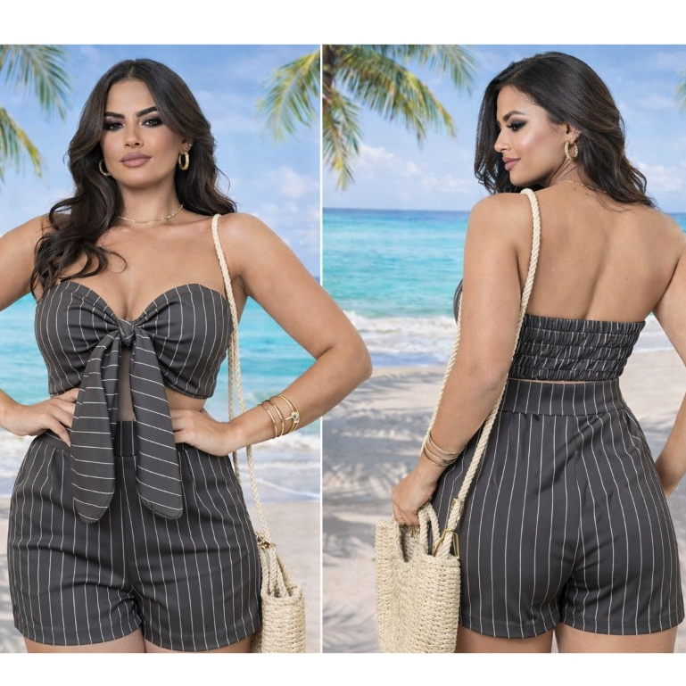Conjunto Feminino short elegante estilosa  top lastex e bolho tecido Alfetaria P M G