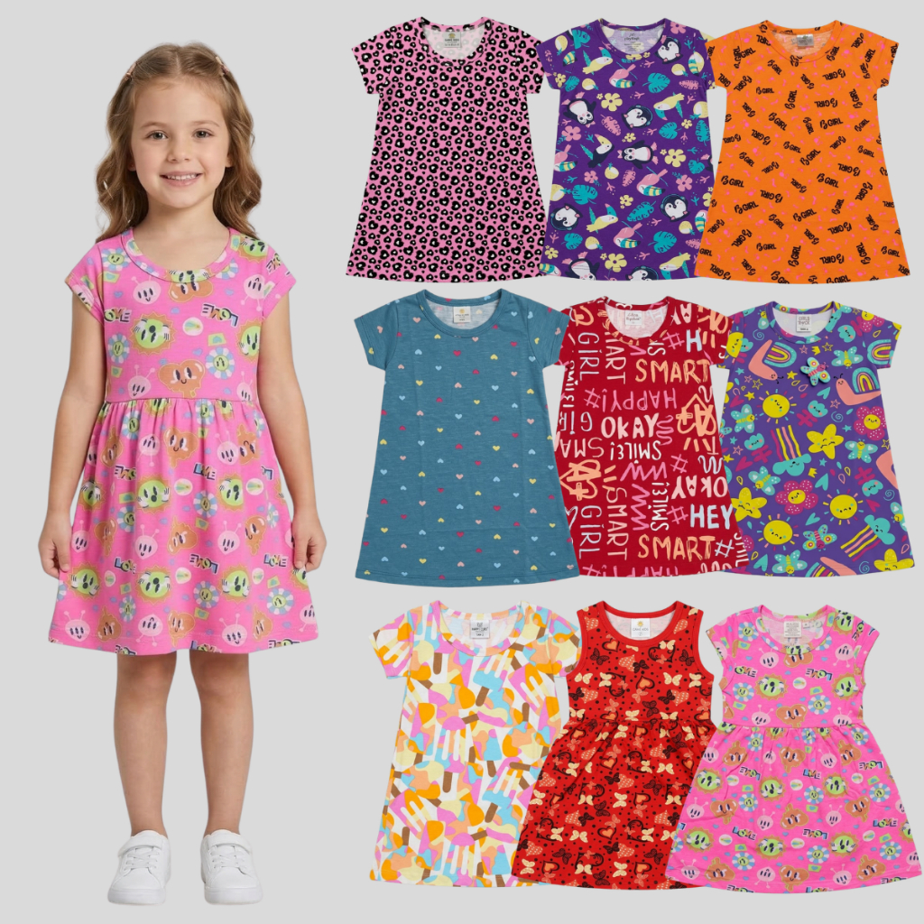 Kit 10 Peças Vestido Menina Infantil Estampas Diversas Tendência Moderna Roupa Sortida Conforto