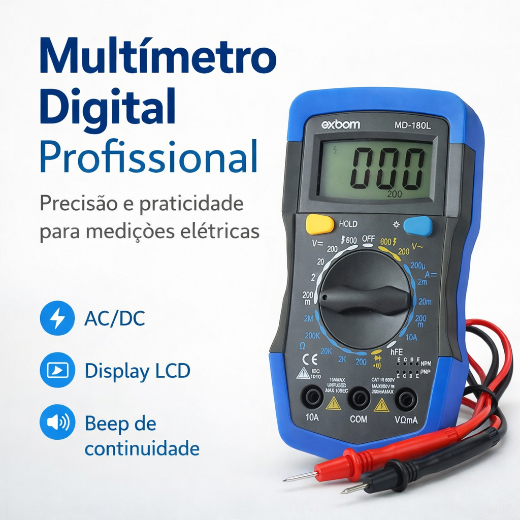 Multímetro Digital Profissional Exbom MD-180L LCD Iluminado AC/DC Teste Diodo Continuidade